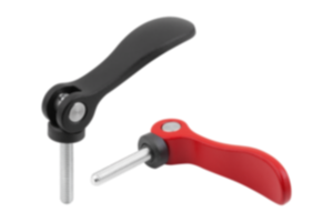 Cam levers, aluminium, adjustable with external thread, plastic thrust washer and steel or stainless steel stud